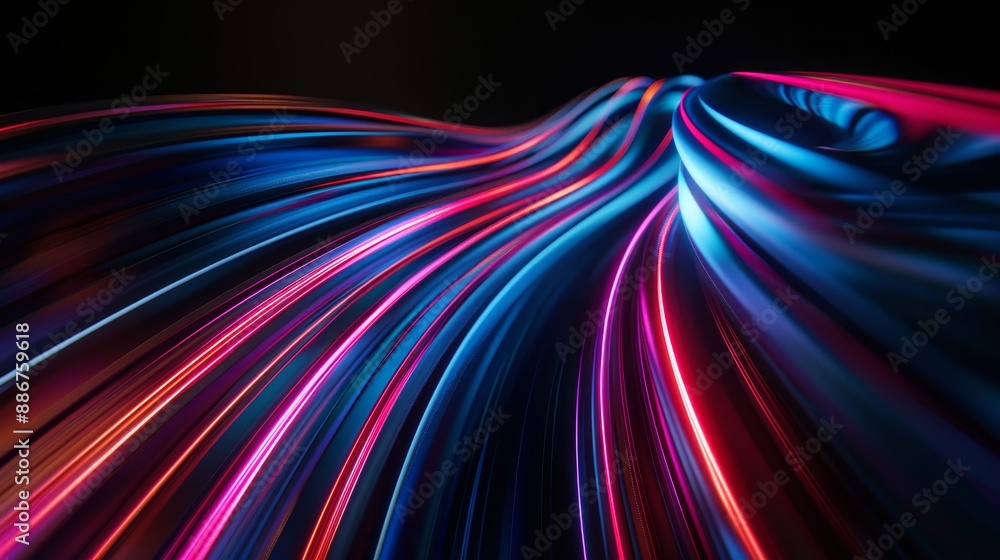 Poster dynamic twisted light trail in abstract shape on black background. 3d render of vivid and colorful l