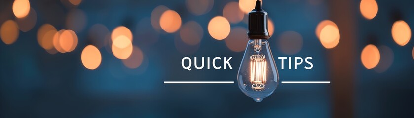 A glowing light bulb with 'Quick Tips' text, against a backdrop of blurred warm lights, conveying ideas and inspiration.