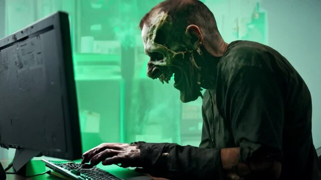a frightening zombie using a laptop at a desk to work on a computer
