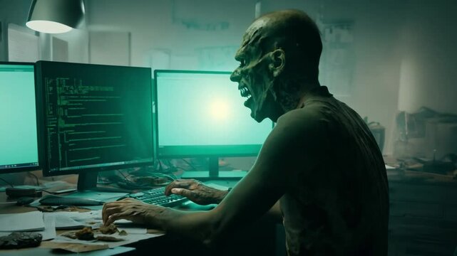 a frightening zombie using a laptop at a desk to work on a computer