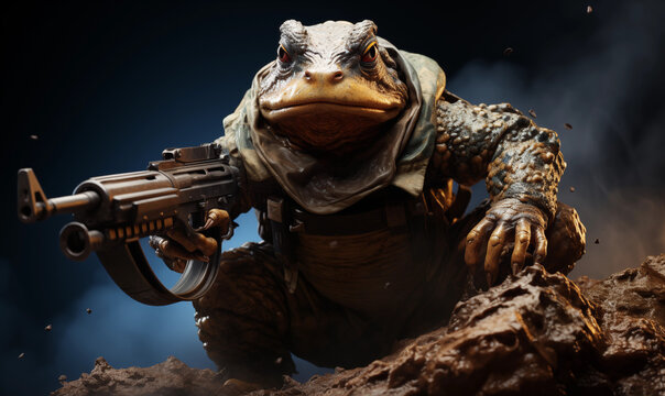Sei kein Frosch - auf in den Kampf - Kr&ouml;te in Uniform mit Gewehr