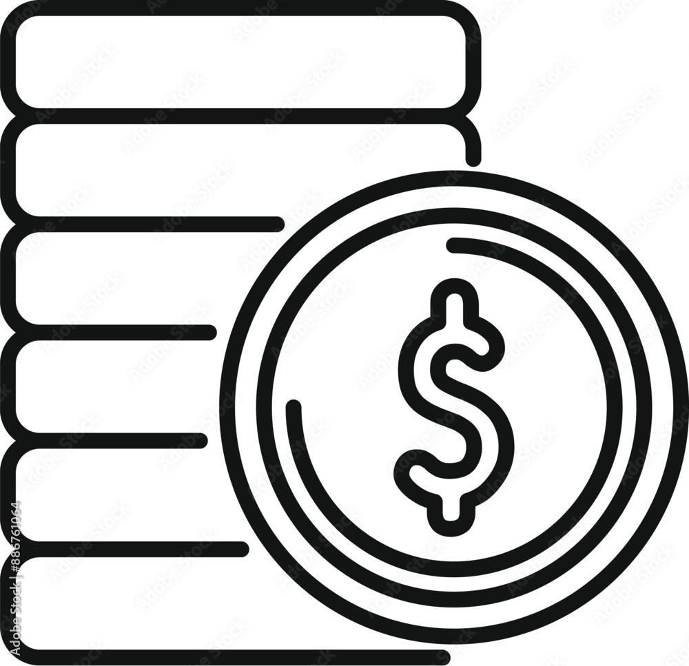 Poster line art icon of a stack of coins with a dollar sign illustrating savings and wealth creation
