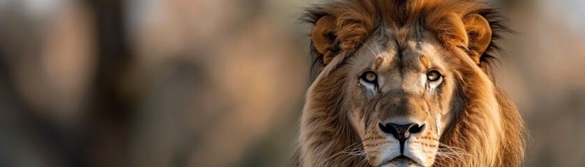 Close-up of a majestic lion with a blurred natural background, showcasing its intense gaze and magnificent mane in great detail.