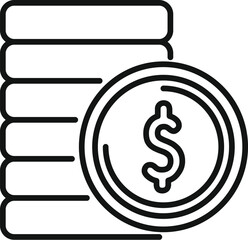 Line art icon of a stack of coins with a dollar sign illustrating savings and wealth creation