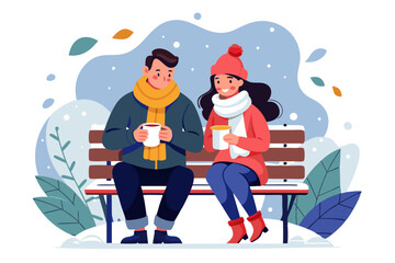 couple sitting on the bench in winter with coffee, vector illustration concept