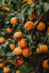 Peach tree with ripe orange fruits surrounded by rich green foliage. Close-up shot of apricot plant in garden setting emphasizing its grandeur. Perfect for eco-friendly and gardening themes.