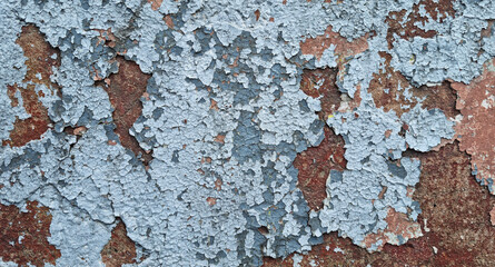 Texture of old rustic wall covered with gray and blue stucco. Multilayers of old paint on the wall. Textured background. Selective focus