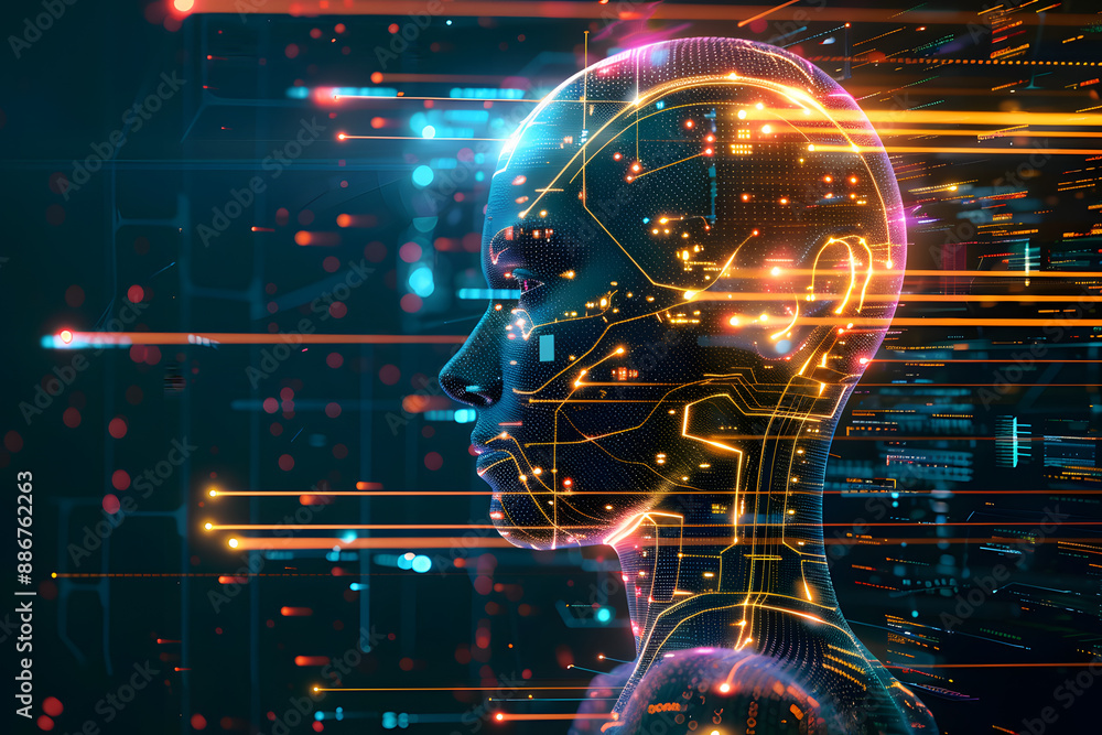 Poster side profile of a futuristic artificial intelligence computer head with glowing lines and data