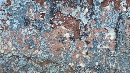 Texture of old rustic wall covered with gray and blue stucco. Multilayers of old paint on the wall....