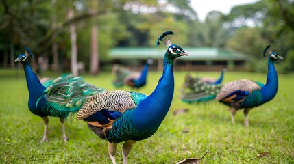Obraz premium Peacocks on the farm walking around the spacious