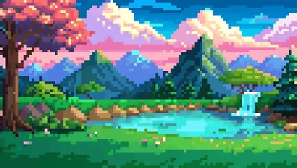 the mountains and lake , pixel art