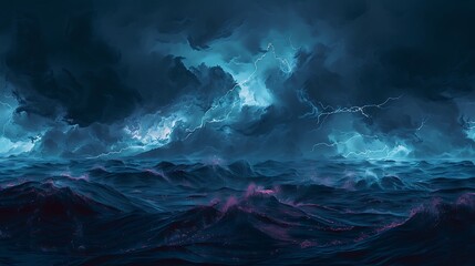 Clean and simple dark ocean storm with coral lightning, gentle waves under a shadowy night sky
