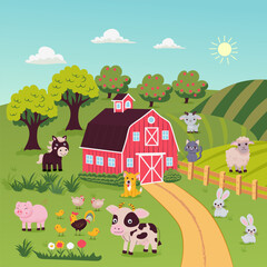 Cartoon farm landscape with barn. Summer vector rural background. Cute vector landscape.