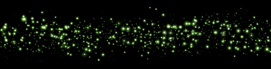 Green glittering dots, particles, stars magic sparks. Dust cloud flare light effect. Green luminous points with smoke. Vector particles on transparent background.