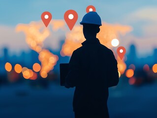 Silhouette of a logistics manager coordinating smart city transportation routes, Silhouette logistics transportation manager routing, Smart city routing