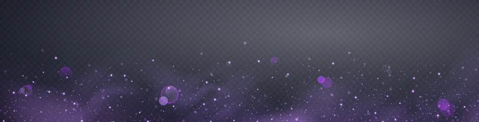 Purple glittering dots, particles, stars magic sparks. Glow flare light effect. Violet luminous points. Vector particles on transparent background.