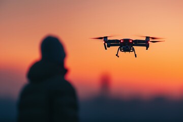 Silhouette of a person coordinating drone delivery routes, Silhouette logistics transportation manager routing, Drone routing