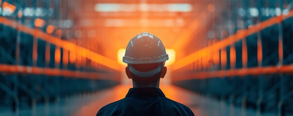 Silhouette of a person overseeing warehouse logistics with automation systems, Silhouette logistics transportation manager coordination, Warehouse automation