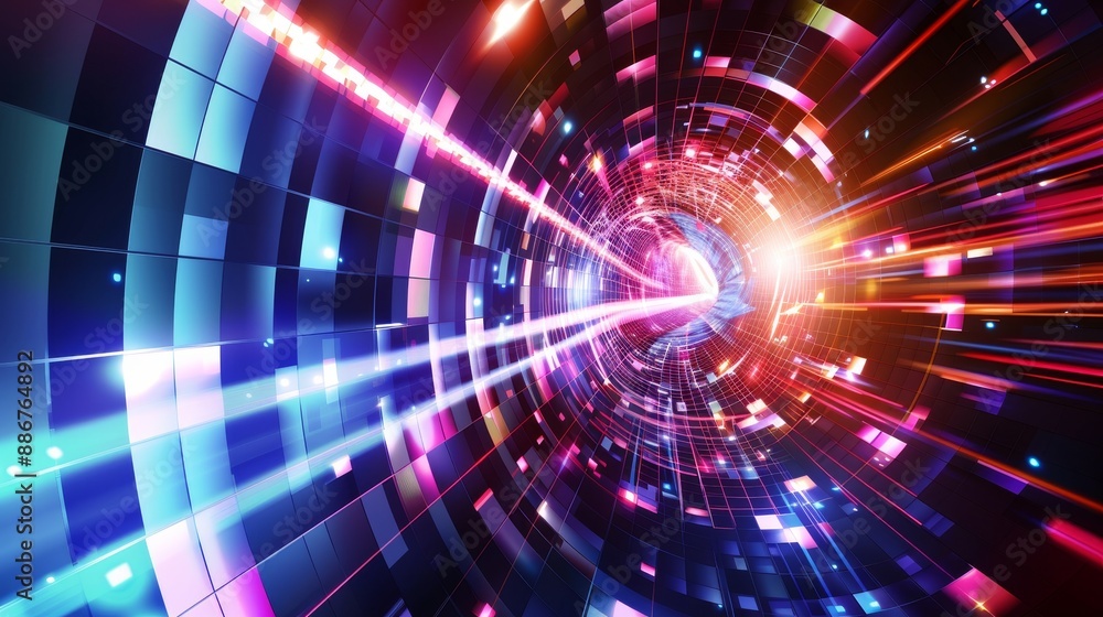 Poster vibrant technology abstract light tunnel background with colorful digital patterns, futuristic desig