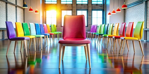 Vibrant colors and modern decor surround a sleek, empty chair at a social gathering, symbolizing a confident and self-assured leader's presence.
