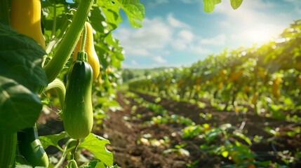 Zucchini plantation in summer with plants hung img