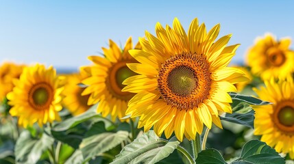 Obraz premium A vibrant field of blooming sunflowers under a clear blue sky, captured with a Canon EOS R5, 24-70mm lens, f/2