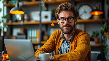 A 40 year old man works at his laptop in a cafe. 