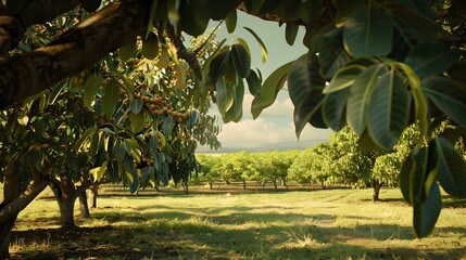 Macadamia plantation with dense trees whose fruits image