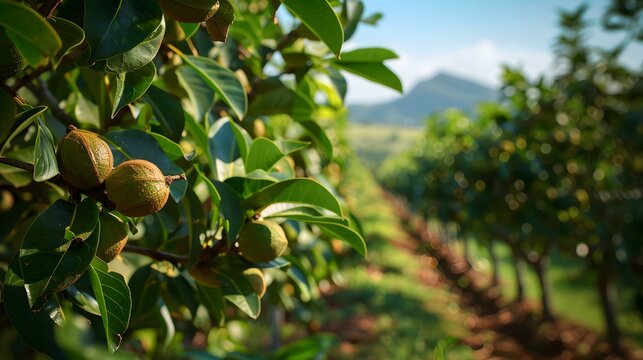Macadamia plantation with dense trees whose fruits picture