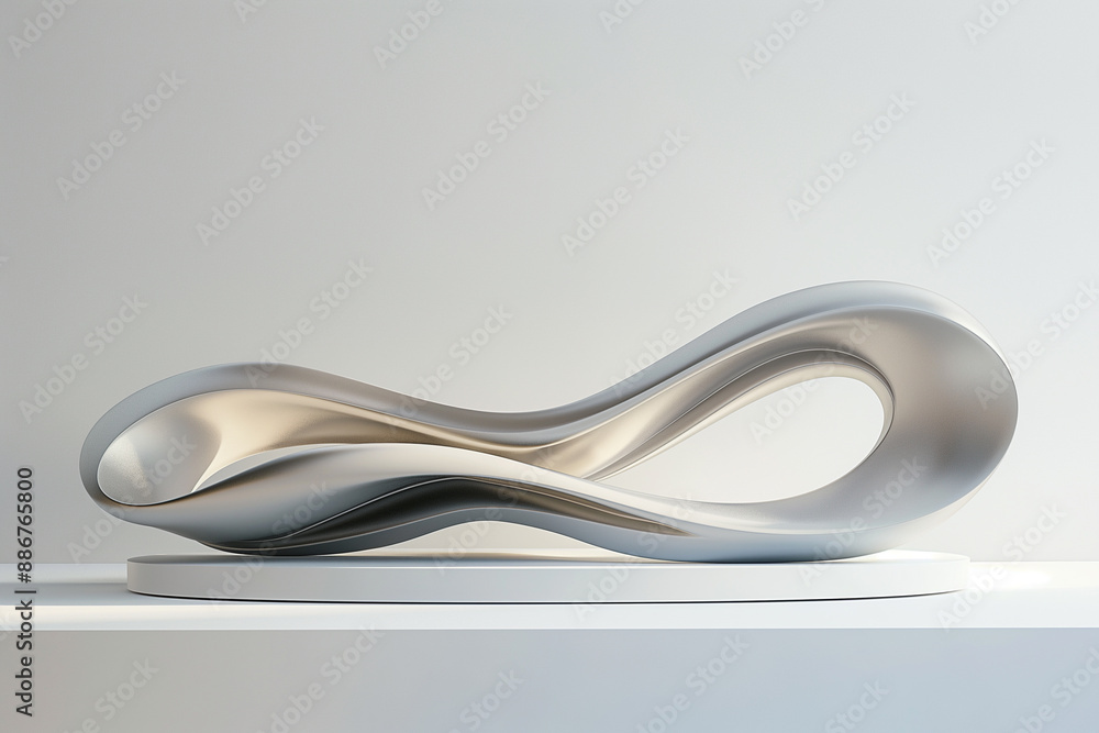 Wall mural A silver sculpture of a wave is sitting on a white table