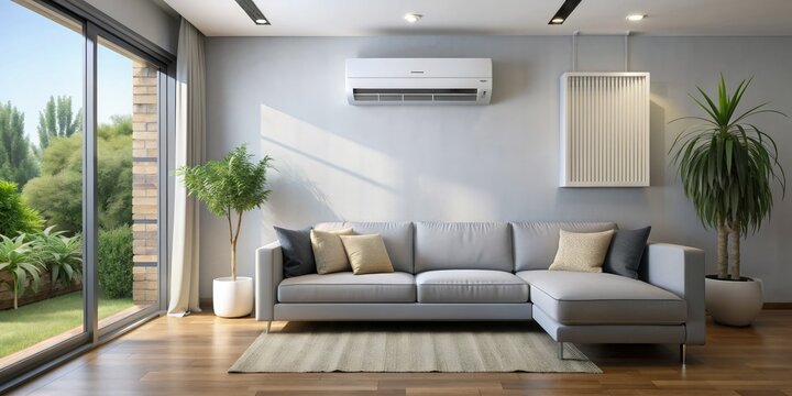 Modern sleek indoor air conditioner unit mounted on wall with gentle stream of cold air flowing out of its vent in a cozy living room setting.