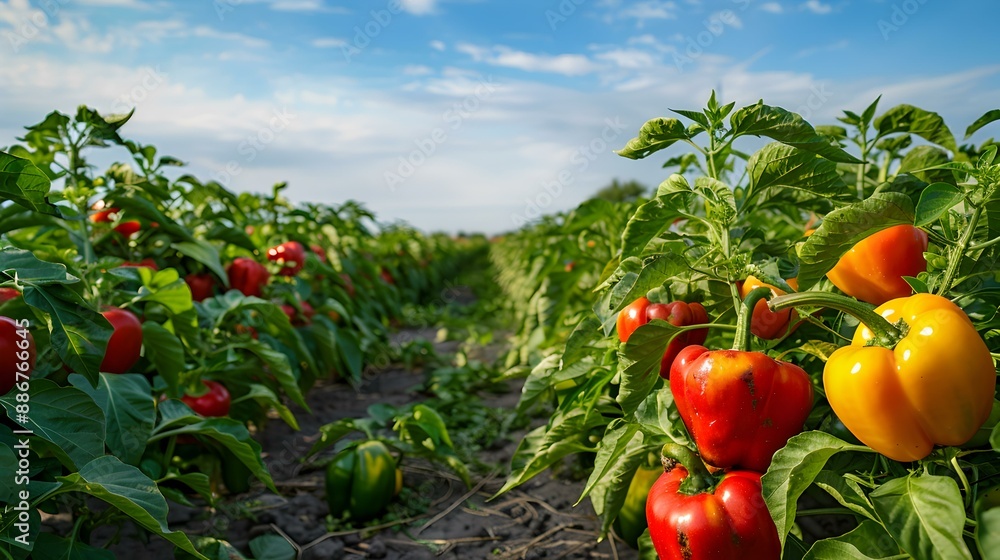 Sticker sweet pepper plantation in summer with plants laden