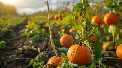 Pumpkin plantation in autumn with plants hung
