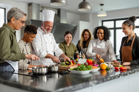 A group of people are gathered around a kitchen counter, preparing food together