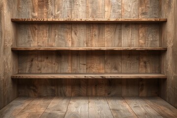 Rustic wooden shelves in an empty room. Ideal for background use or showcasing products in a vintage setting.