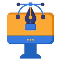 Monitor and Pen Tool Style Flat Icon. Vector Illustration