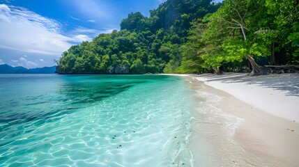 A beach with turquoise water surrounded by dense img