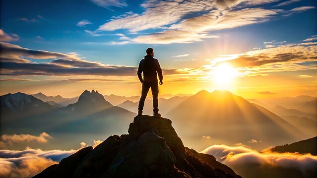 silhouette of a person in the mountains , standing with a pride , goal and success concept