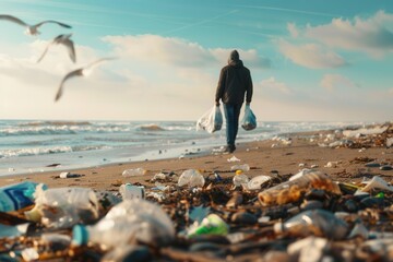 A lone figure cleans a beach strewn with plastic waste, symbolizing environmentalism and the fight against pollution.