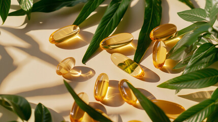 Alternative medicine organic capsules with vitamin E, omega 3 fish oil, minerals, and drug with herbal leaves as natural supplements for a healthy, happy life