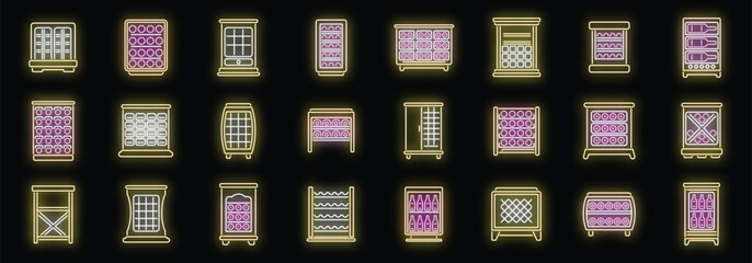 Wine cabinet icons set outline vector. Shelf alcohol. Cafe beverage neon color on black