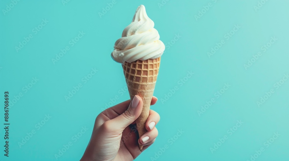 Wall mural A hand holds a vanilla ice cream cone with a soft serve swirl. The cone is crisp and brown. The background is a vibrant teal