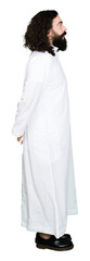 Man wearing Jesus Christ costume looking to side, relax profile pose with natural face with confident smile.