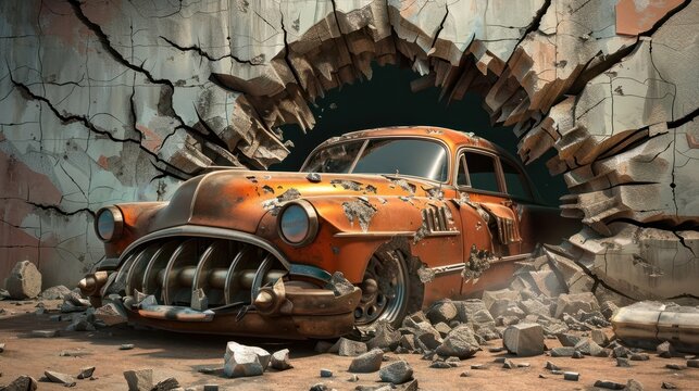3d wallpaper design with a classic car. driving through a broken wall