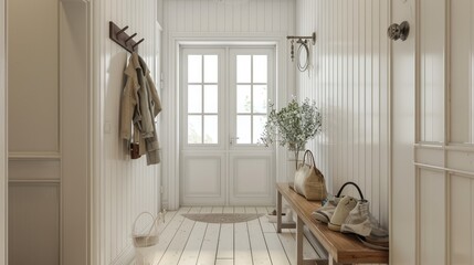 vintage farmhouse hallway with all white interior coat rack and wooden bench glass front door and rustic decor accents