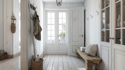 white farmhouse hallway with rustic coat rack and wooden bench glass front door and vintage style decor ideas