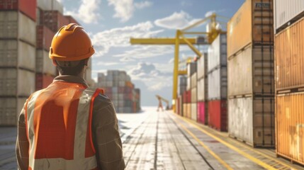 Dock worker in safety gear overseeing cargo containers at a busy shipping port on a sunny day.