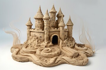 A sandcastle made of soft, beige-colored modeling clay stands on the beach against a white background