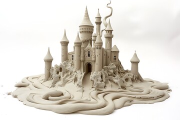 A sandcastle made of soft, beige-colored modeling clay stands on the beach against a white background