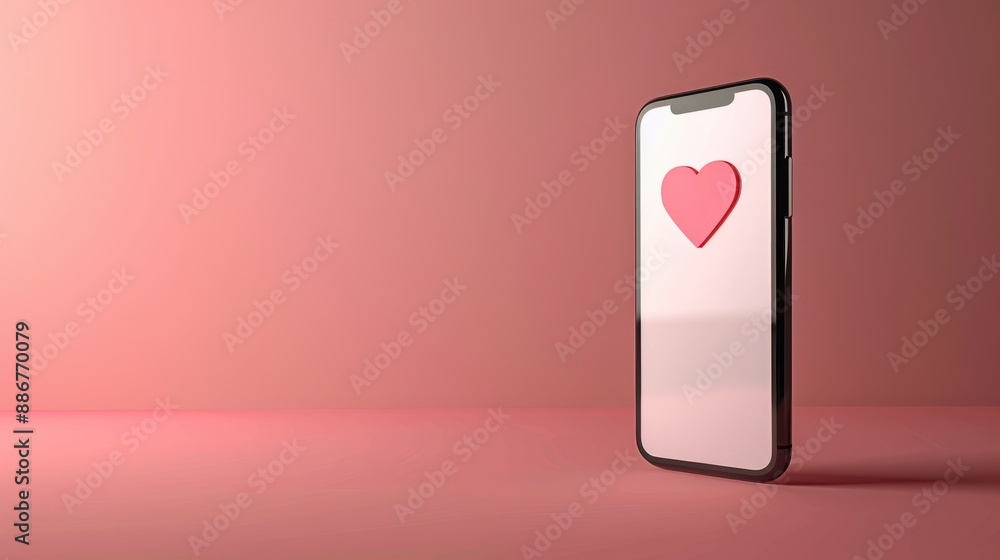 Poster a sleek smartphone displaying an online dating app interface, set against a minimalistic background 